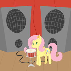Size: 1000x1000 | Tagged: safe, artist:elslowmo, fluttershy, pegasus, pony, cork, drums, drumsticks, ear plugs, mlpgdraws, mouth hold, snare drum, speakers