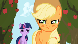 Size: 1365x768 | Tagged: safe, screencap, applejack, twilight sparkle, earth pony, pony, applebuck season, apple tree, tired, tree