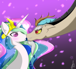 Size: 6791x6201 | Tagged: safe, artist:siranarchy95, discord, princess celestia, alicorn, pony, absurd resolution, boop, dislestia, female, male, noseboop, shipping, straight