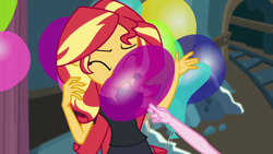 Size: 1280x720 | Tagged: safe, screencap, pinkie pie, sunset shimmer, all the world's off stage, all the world's off stage: pinkie pie, better together, equestria girls, balloon, cute, shimmerbetes, silly