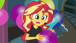 Size: 1280x720 | Tagged: safe, screencap, sunset shimmer, all the world's off stage, all the world's off stage: pinkie pie, better together, equestria girls, balloon, solo