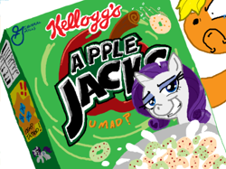 Size: 928x695 | Tagged: safe, artist:fellstorm, applejack, rarity, earth pony, pony, troll, unicorn, angry, apple jacks, big g cereal, breakfast, cereal, crying, doodle or die, general mills, kellogg's, pure unfiltered evil, raritroll, u mad