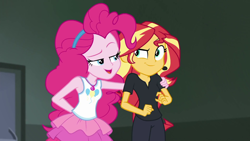 Size: 1280x720 | Tagged: safe, screencap, pinkie pie, sunset shimmer, all the world's off stage, all the world's off stage: pinkie pie, equestria girls, equestria girls series, armpits, best friends, bff, black pants, black shirt, cutie mark, earpiece, geode of sugar bombs, hairband, hand behind back, hand on shoulder, jewelry, looking at each other, magical geodes, necklace, rah rah skirt, raised eyebrow, sleeveless, tanktop