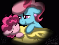 Size: 3200x2400 | Tagged: safe, artist:emr0304, cup cake, pinkie pie, earth pony, pony, blanket, cute, daaaaaaaaaaaw, diapinkes, eyes closed, fanfic, fanfic art, filly, floppy ears, how a pie became a cake, messy mane, sleeping, smiling, younger