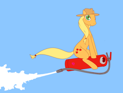 Size: 4000x3000 | Tagged: safe, artist:darkdoomer, applejack, earth pony, pony, /mlp/, fire extinguisher, flying, ms paint, simple background, sitting, solo