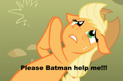 Size: 944x623 | Tagged: safe, applejack, earth pony, pony, applepray, batman, begging, image macro, meme, prayer, praying, solo