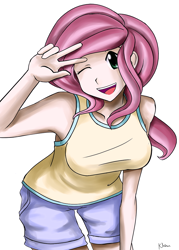 Size: 750x1050 | Tagged: safe, artist:kprovido, fluttershy, human, armpits, breasts, cute, female, hootershy, humanized, solo