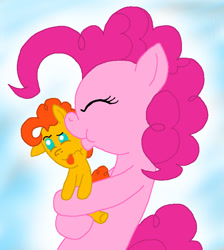 Size: 746x832 | Tagged: safe, artist:crazynutbob, pinkie pie, oc, oc:pizza pockets, pony, baby, baby pony, colt, disgusted, foal, kiss on the cheek, kissing, male, offspring, parent:cheese sandwich, parent:pinkie pie, parents:cheesepie, tongue out