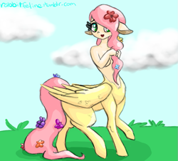 Size: 663x600 | Tagged: safe, artist:bunnycat, fluttershy, centaur, breasts, centaurshy, covering, female, floppy ears, pegataur