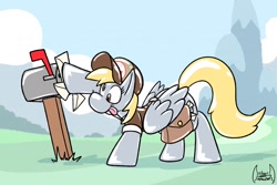 Size: 1280x853 | Tagged: safe, artist:soul-silver-dragon, derpy hooves, pegasus, pony, :p, cute, derp, female, hat, hoof hold, latex, latex pony, latex skin, letter, mail, mailbag, mailbox, mailmare, mailpony, mare, pushing, rubber, rubber pony, smiling, tongue out