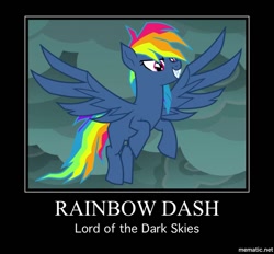 Size: 885x821 | Tagged: safe, derpibooru import, edit, edited screencap, screencap, evil pie hater dash, rainbow dash, pegasus, pony, secrets and pies, cartoon horse program, cloud, cloudy, cropped, demotivational poster, evil rainbow dash, meme, solo