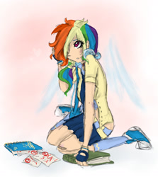 Size: 1291x1450 | Tagged: safe, artist:kikirdcz, derpibooru import, rainbow dash, human, belt, clothes, converse, gloves, hair over one eye, humanized, kneesocks, miniskirt, necktie, school uniform, schoolgirl, shirt, skirt, socks, solo