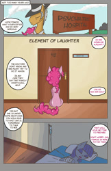 Size: 1024x1583 | Tagged: safe, artist:juanrock, igneous rock pie, maud pie, pinkie pie, earth pony, pony, comic:element of laughter, attempted suicide, bandage, comic, hospital, iv, iv drip