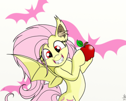 Size: 1024x819 | Tagged: safe, artist:arcuswind, fluttershy, bat pony, pony, apple, cute, ear fluff, fangs, flutterbat, grin, race swap, shyabates, shyabetes, smiling, solo