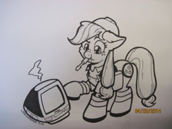 Size: 2040x1530 | Tagged: safe, artist:latecustomer, applejack, earth pony, pony, boots, broken, engiejack, engineer, hard hat, hat, imac, imac g3, monochrome, mouth hold, screwdriver, solo, team fortress 2