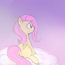 Size: 900x900 | Tagged: safe, artist:pegacornss, fluttershy, pegasus, pony, cloud, cute, dusk, sitting, solo