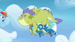 Size: 1280x720 | Tagged: safe, derpibooru import, screencap, blaze, fleetfoot, rainbow dash, sludge (g4), dragon, pegasus, pony, father knows beast, carrying, clothes, female, flying, goggles, male, mare, uniform, wonderbolts, wonderbolts uniform