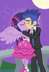 Size: 810x1200 | Tagged: safe, artist:dm29, derpibooru import, flash sentry, twilight sparkle, equestria girls, boots, clothes, dress, fall formal outfits, female, flashlight, good end, high heel boots, kissing, male, shipping, shoes, straight, tuxedo, twilight ball dress, wings