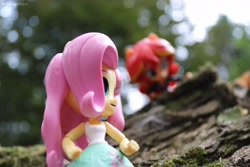 Size: 6000x4000 | Tagged: safe, artist:artofmagicpoland, fluttershy, sunset shimmer, equestria girls, clothes, doll, equestria girls minis, eqventures of the minis, exploitable meme, female, lesbian, looking at each other, meme, nature is so fascinating, relaxing, shipping, skirt, spying, sunshyne, tanktop, toy