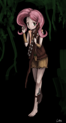 Size: 639x1188 | Tagged: safe, artist:lumineko, fluttershy, human, abstract background, barefoot, blushing, chewbacca, clothes, crossover, feet, humanized, knife, looking at you, shorts, shy, solo, staff, star wars, stick, walking stick