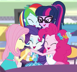 Size: 561x519 | Tagged: safe, derpibooru import, screencap, fluttershy, pinkie pie, rainbow dash, rarity, sci-twi, twilight sparkle, better together, equestria girls, rollercoaster of friendship, best friends, cropped, eyes closed, female, geode of shielding, group hug, hug, lidded eyes, ponytail