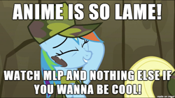 Size: 610x344 | Tagged: safe, derpibooru import, rainbow dash, pegasus, pony, anime, downvote bait, image macro, lame, meme, mouthpiece, op is a cuck, op is trying to start shit