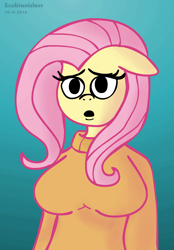 Size: 3125x4500 | Tagged: safe, artist:scobionicle99, fluttershy, anthro, breasts, clothes, female, hootershy, solo, sweatershy