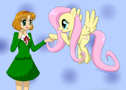 Size: 1400x1001 | Tagged: safe, artist:empyu, fluttershy, human, clothes, crossover, cute, fuu hououji, glasses, hairband, happy, jacket, magic knight rayearth, necktie, pleated skirt, school uniform, schoolgirl, simple background, skirt, smiling