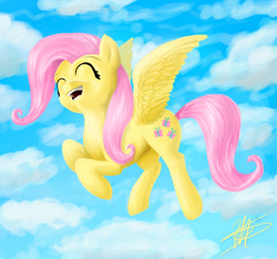 Size: 1464x1371 | Tagged: safe, artist:piercingsight, fluttershy, pegasus, pony, eyes closed, flying, singing, solo