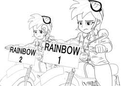 Size: 1016x718 | Tagged: artist needed, safe, derpibooru import, rainbow dash, equestria girls, double rainbow, horror hospital, monochrome, motorcycle, multeity, reference, self paradox