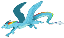 Size: 1630x978 | Tagged: safe, artist:xenon, derpibooru import, rainbow dash, dragon, dragonified, feathered dragon, flying, grin, rainbow dragon, simple background, smirk, solo, species swap, spread wings, white background