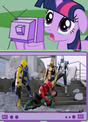 Size: 435x600 | Tagged: safe, derpibooru import, twilight sparkle, atsushi domyoji, blue gorilla, exploitable meme, go-busters, gold beetle, green hippopotamus, meme, obligatory pony, red cheetah, sad, silver stag, super sentai, tv meme, yellow rabbit