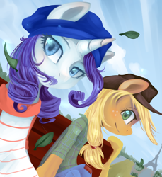 Size: 2098x2290 | Tagged: safe, artist:facerenon, applejack, rarity, earth pony, pony, semi-anthro, unicorn, clothes, eiffel tower, hat, pants, paris, shirt