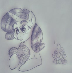 Size: 1257x1280 | Tagged: safe, artist:equestrian-strumpet, rarity, spike, dragon, pony, unicorn, female, heart, male, pencil drawing, shipping, sparity, straight, traditional art, valentine