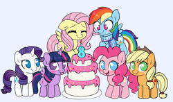 Size: 4000x2347 | Tagged: safe, artist:moozua, derpibooru import, applejack, fluttershy, pinkie pie, rainbow dash, rarity, twilight sparkle, twilight sparkle (alicorn), alicorn, earth pony, pegasus, pony, unicorn, /mlp/, 4chan cup scarf, anniversary, blushing, cake, candle, clothes, eyes closed, female, floppy ears, flying, food, happy birthday mlp:fim, mane six, mare, mlp fim's eighth anniversary, noisemaker, scarf, smiling, tongue out