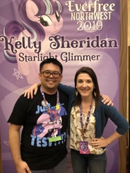 Size: 3024x4032 | Tagged: safe, starlight glimmer, sunset shimmer, twilight sparkle, human, everfree northwest, everfree northwest 2019, irl, irl human, kelly sheridan, merchandise, photo