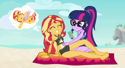 Size: 1600x868 | Tagged: safe, artist:limedazzle, sci-twi, sunset shimmer, twilight sparkle, pony, better together, equestria girls, forgotten friendship, barefoot, beach, bellyrubs, bikini, black swimsuit, clothes, cloud, commission, cute, eyes closed, feet, female, geode of empathy, geode of telekinesis, glasses, ponytail, sand, shimmerbetes, show accurate, sky, smiling, sunscreen, swimsuit, towel, water, weapons-grade cute