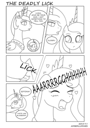 Size: 1653x2338 | Tagged: safe, artist:vanillafox2035, princess celestia, princess luna, alicorn, pony, blushing, comic, cute, embarrassed, female, floppy ears, heart, licking, lineart, lunabetes, mare, monochrome, teasing, tongue out