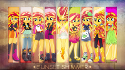 Size: 1920x1080 | Tagged: safe, artist:antylavx, sunset shimmer, dance magic, eqg summertime shorts, equestria girls, equestria girls (movie), equestria girls series, friendship games, good vibes, legend of everfree, spoiler:eqg specials, boots, clothes, converse, crystal guardian, daydream shimmer, female, geode of empathy, grass skirt, high heel boots, hulashimmer, jacket, leather, leather jacket, miniskirt, multeity, sarong, shimmerstorm, shirt, shoes, shorts, skirt, smiling, sneakers, sunset sushi, swimsuit, wallpaper