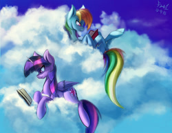 Size: 2000x1543 | Tagged: safe, artist:foughtdragon01, derpibooru import, rainbow dash, twilight sparkle, twilight sparkle (alicorn), alicorn, pegasus, pony, book, cloud, cutie mark, duo, female, hooves, horn, lying on a cloud, mare, on a cloud, on back, prone, reading, sky, smiling, wings