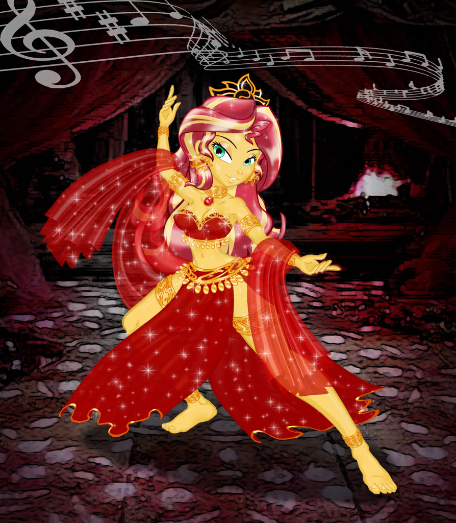 1161316 - safe, artist:ponymaan, sunset shimmer, equestria girls, anklet,  arabian nights, armlet, armpits, barefoot, beautiful, bedroom eyes, belly  button, belly dancer, belly dancer outfit, bracelet, cute, dancing, feet,  female, gem, harem outfit,