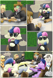 Size: 4320x6336 | Tagged: safe, artist:firefanatic, applejack, bon bon, derpy hooves, ditzy doo, sweetie drops, twilight sparkle, cyborg, human, comic:agents of hoo-men, absurd resolution, chair, comic, dialogue, fluffy, table, what is hoo-man