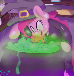 Size: 1579x1621 | Tagged: safe, artist:farewelldecency, pinkie pie, earth pony, pony, cauldron, halloween, solo, witch