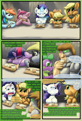 Size: 2160x3168 | Tagged: safe, artist:firefanatic, derpibooru import, applejack, pinkie pie, rainbow dash, rarity, spike, twilight sparkle, cyborg, human, monster pony, original species, tatzlpony, comic:agents of hoo-men, black eye, bruised, comic, crying, dialogue, pinkamena diane pie, species swap, tatzljack, what is hoo-man, wing hands