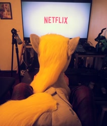 Size: 724x852 | Tagged: safe, artist:agatrix, derpy hooves, human, pegasus, pony, clothes, cuddling, female, irl, irl human, male, netflix, netflix and chill, pajamas, photo, plot, plushie, rear view, television