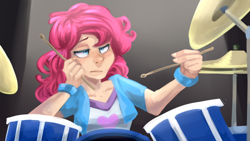 Size: 1280x720 | Tagged: safe, artist:facerenon, pinkie pie, human, equestria girls, rainbow rocks, beautiful, bored, drums, female, human coloration, humanized, scene interpretation, solo, unamused, wallpaper