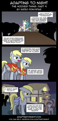 Size: 960x2000 | Tagged: safe, artist:terminuslucis, derpy hooves, princess celestia, oc, oc:sky hooves, alicorn, earth pony, pegasus, pony, comic:adapting to night, comic:adapting to night: the hooves twins, comic, saddle bag, silhouette, twins