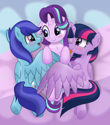 Size: 800x908 | Tagged: safe, artist:jhayarr23, starlight glimmer, twilight sparkle, twilight sparkle (alicorn), oc, oc:sierra nightingale, alicorn, pegasus, pony, unicorn, blushing, canon x oc, chest fluff, cute, floppy ears, glimmgale, hug, tongue out, underhoof, winghug, wings