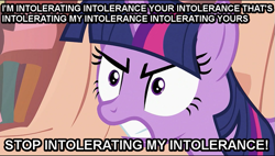 Size: 701x398 | Tagged: safe, derpibooru import, twilight sparkle, angry, image macro, intolerance, solo