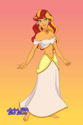 Size: 400x600 | Tagged: safe, artist:azaleasdolls, artist:tychotma-1, sunset shimmer, equestria girls, aladdin, arabian nights, barefoot, belly button, belly dancer, breasts, cleavage, clothes, disney, dolldivine, dress, feet, female, flower, gradient background, jewelry, midriff, solo